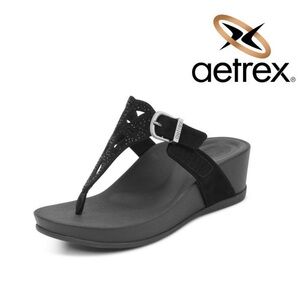 Aetrex Women's Tasha Black Sparkle Thong Wedge, Orthopedic + Waterproof 🆕